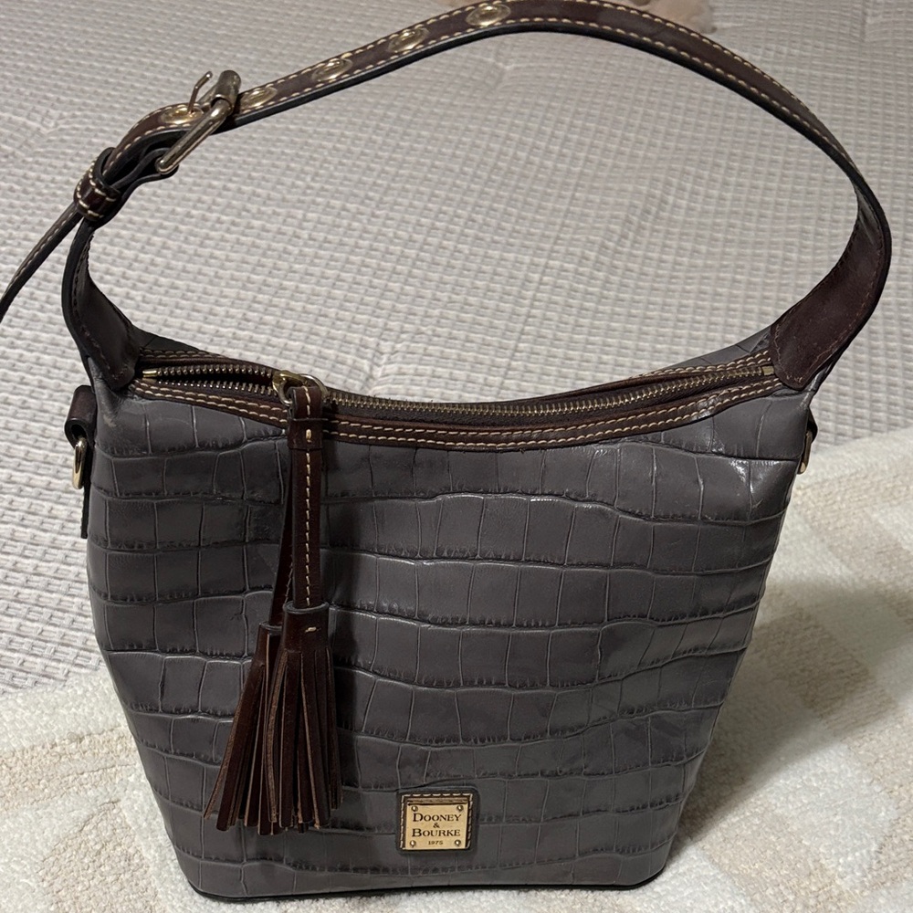 Dooney & Bourke Brown Croc-Embossed Leather Shoulder Bag with Tassel
